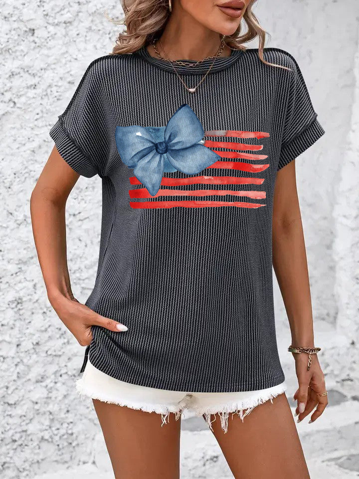 Twisted Ribbed Texture Graphic Tee with Blue Bow Print