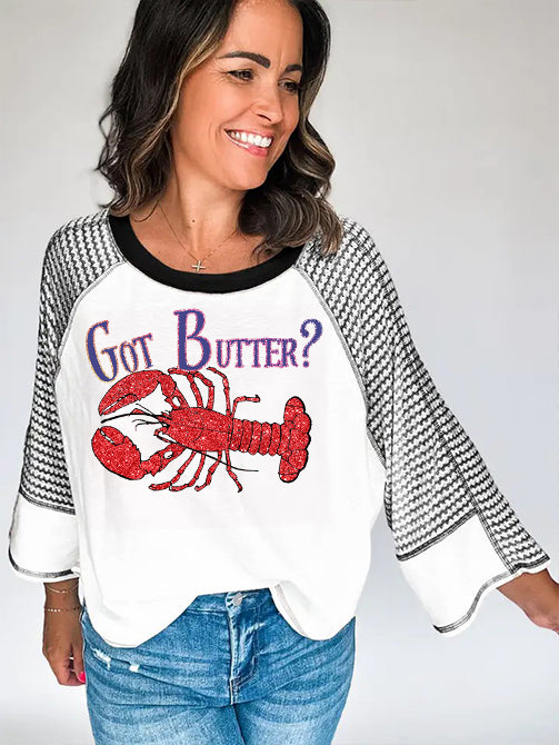 Funny Lobster Print Patchwork Raglan Sleeve Tee