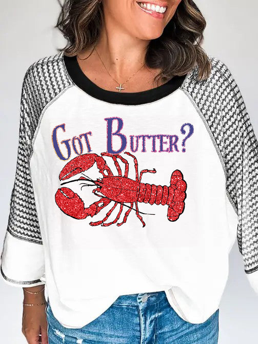Funny Lobster Print Patchwork Raglan Sleeve Tee