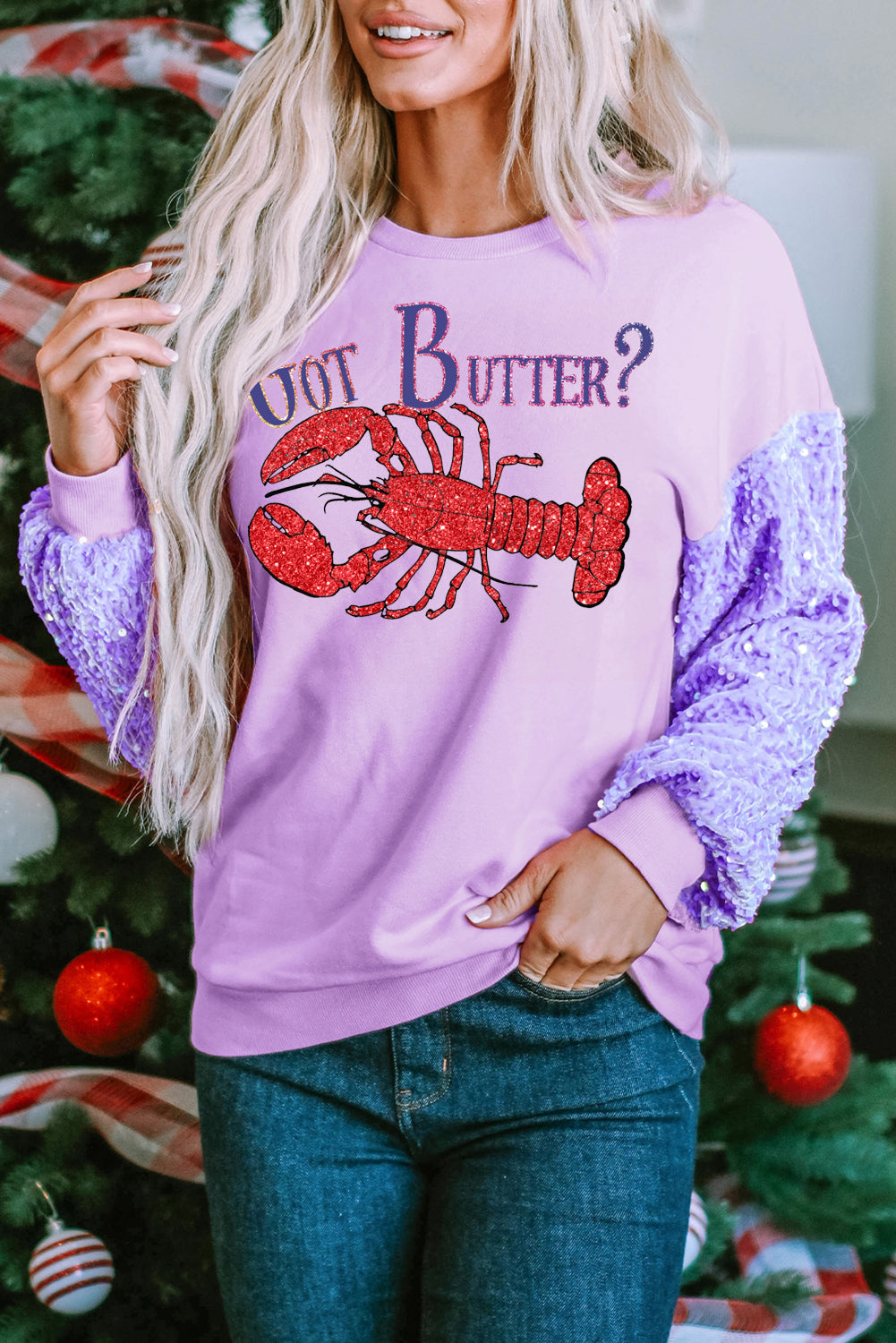 Lilac Sweatshirt with Glitter Sleeves and Lobster Graphic