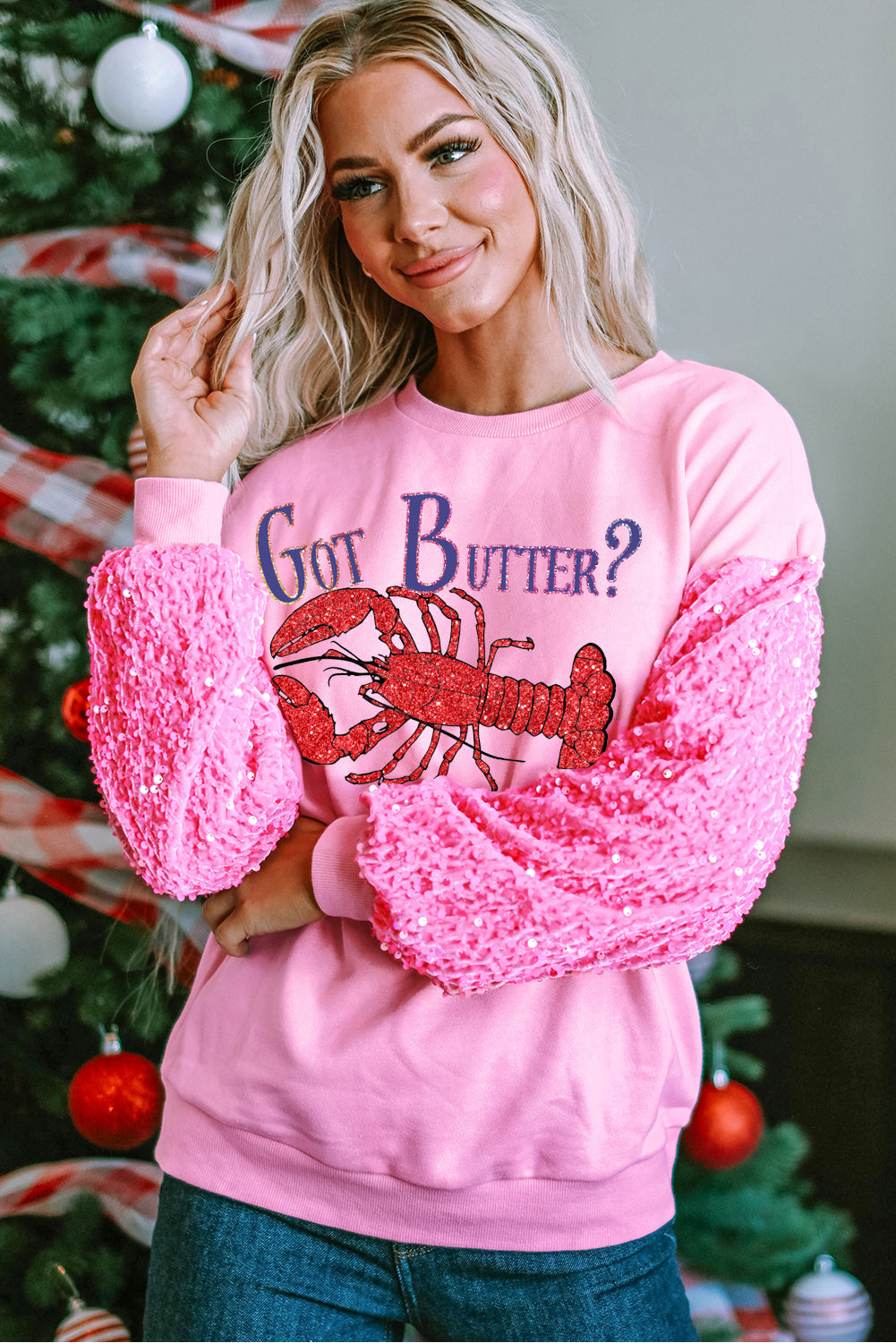 Lilac Sweatshirt with Glitter Sleeves and Lobster Graphic