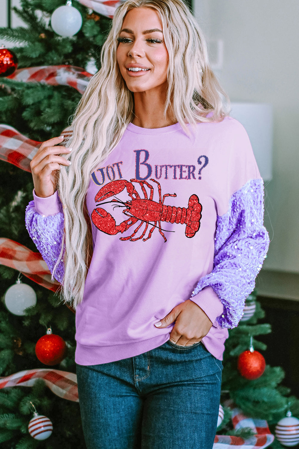 Lilac Sweatshirt with Glitter Sleeves and Lobster Graphic