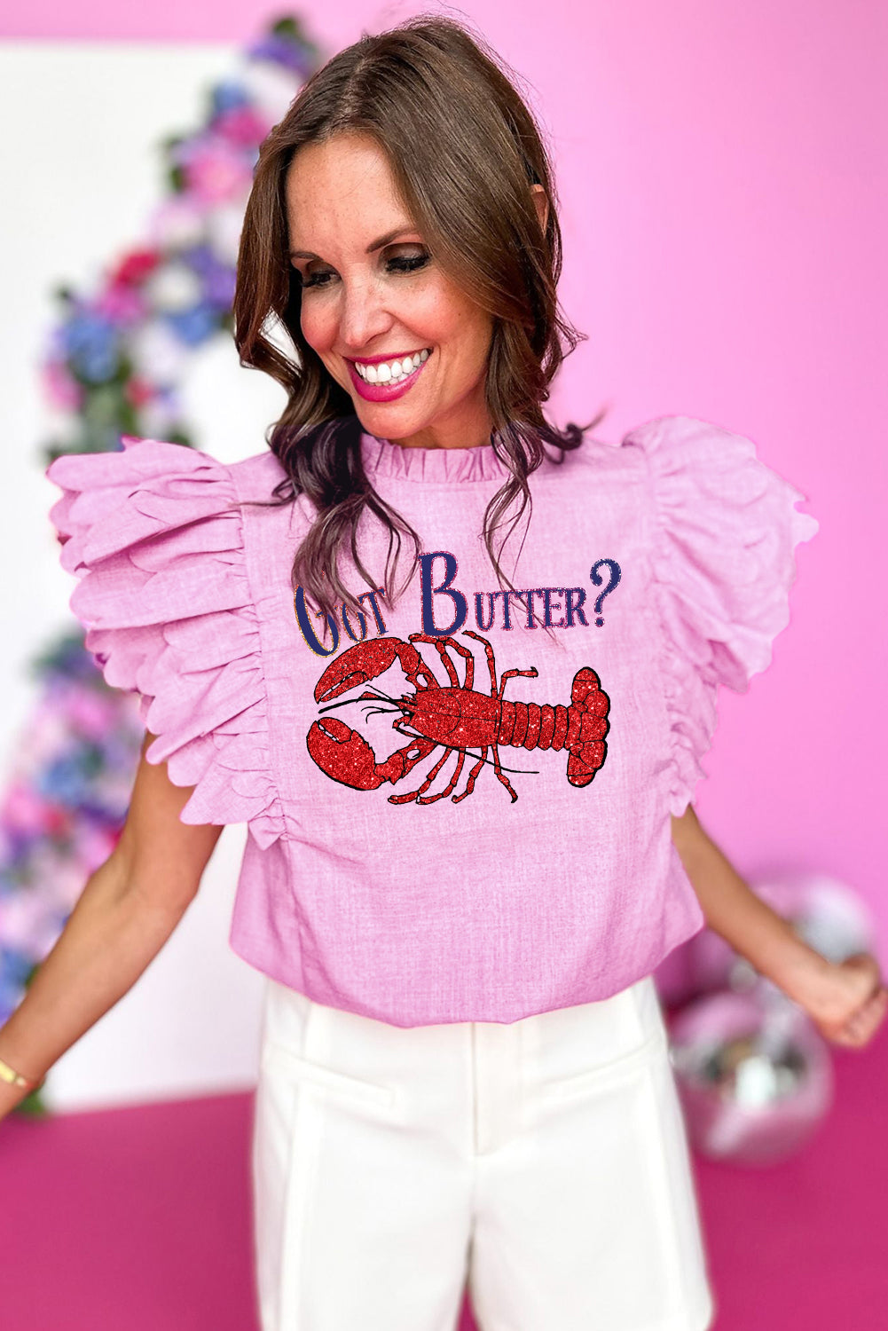 Lobster Graphic Top with Scalloped Ruffle Sleeves