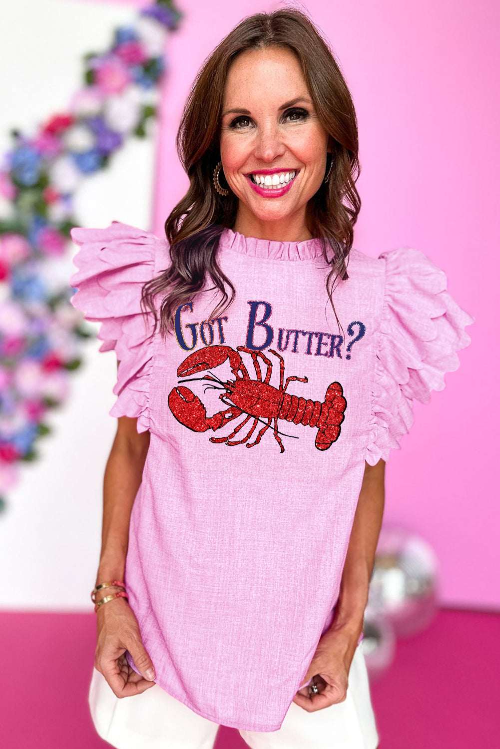 Lobster Graphic Top with Scalloped Ruffle Sleeves