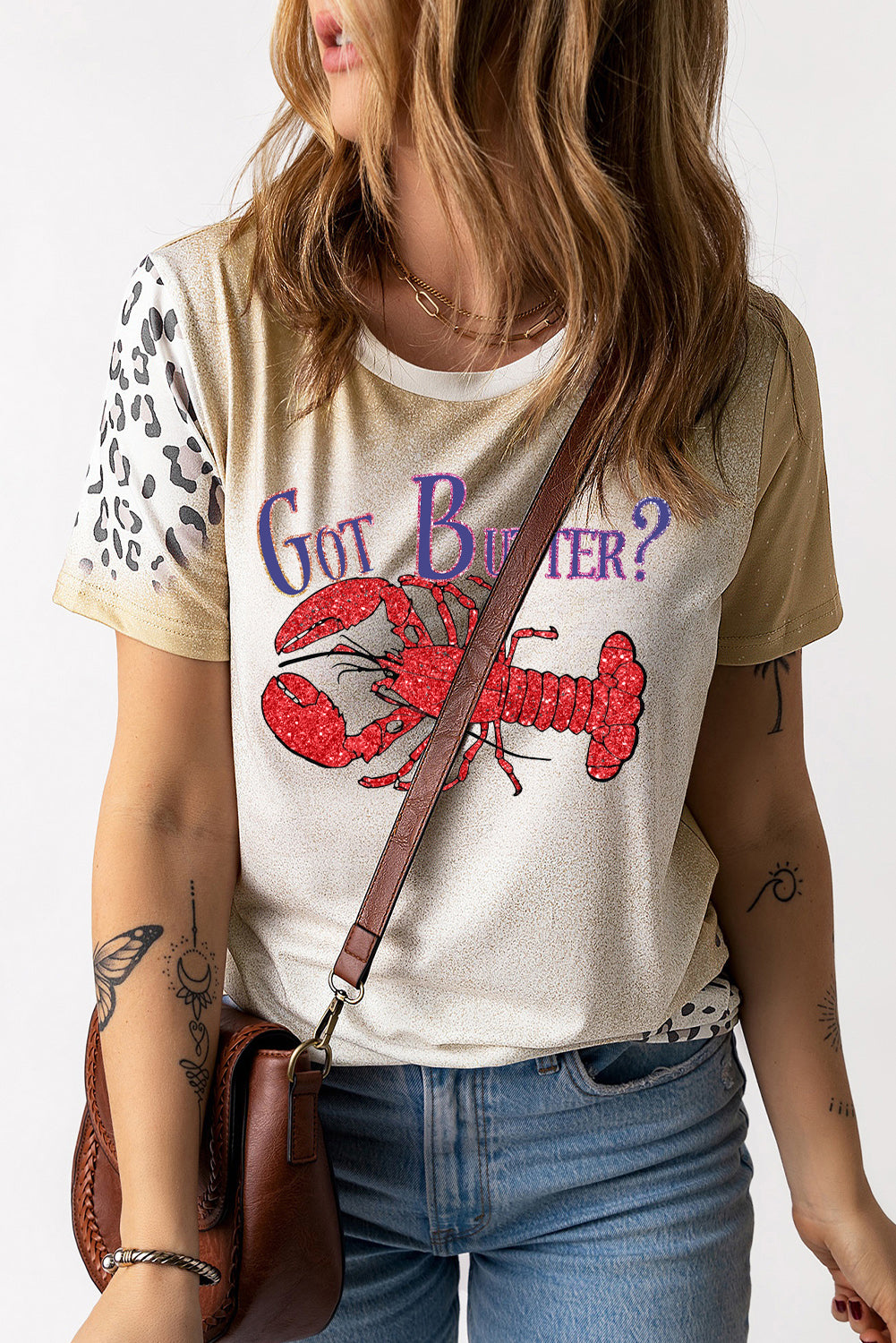 Got Butter Bleached Tee with Leopard Print Sleeves