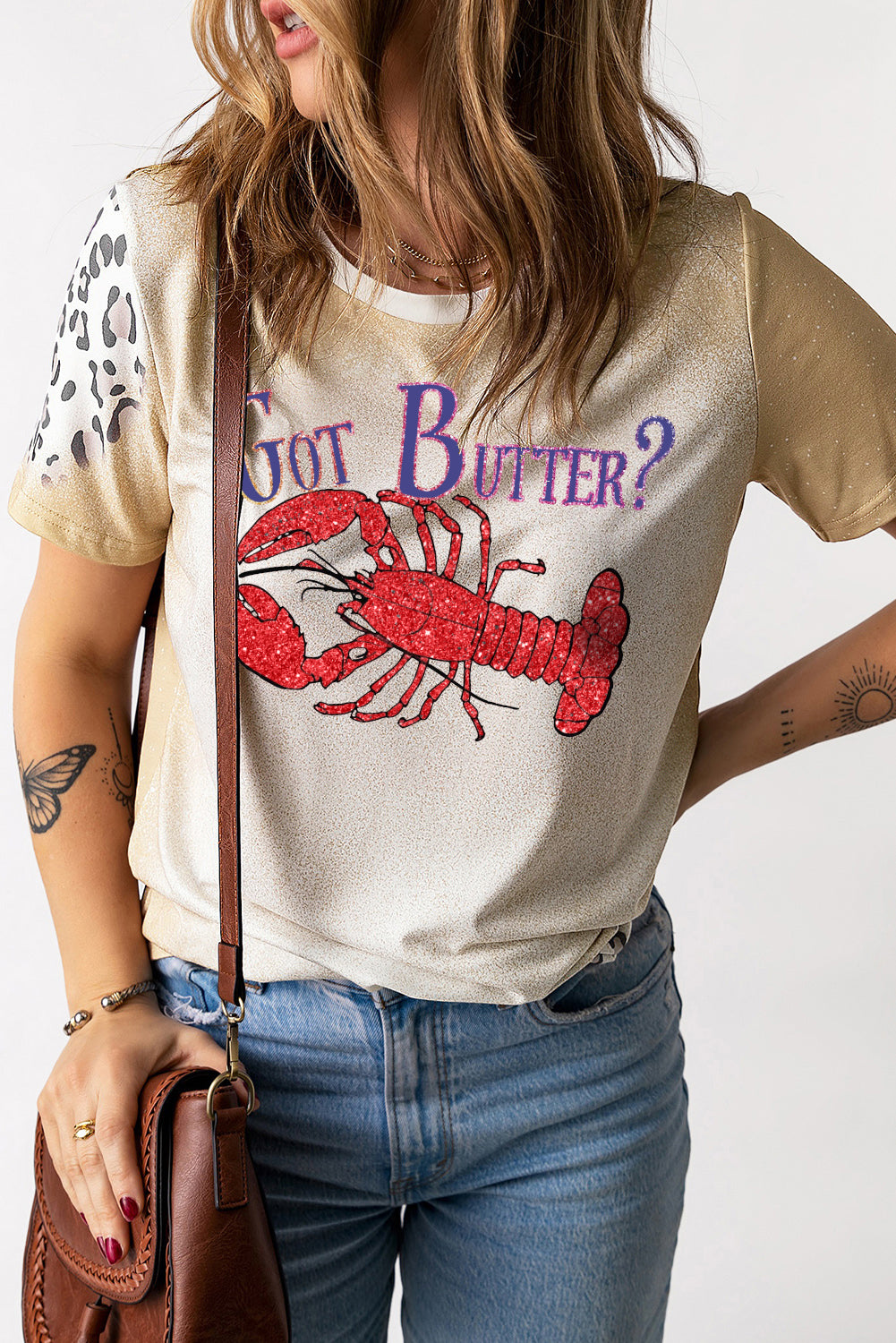 Got Butter Bleached Tee with Leopard Print Sleeves