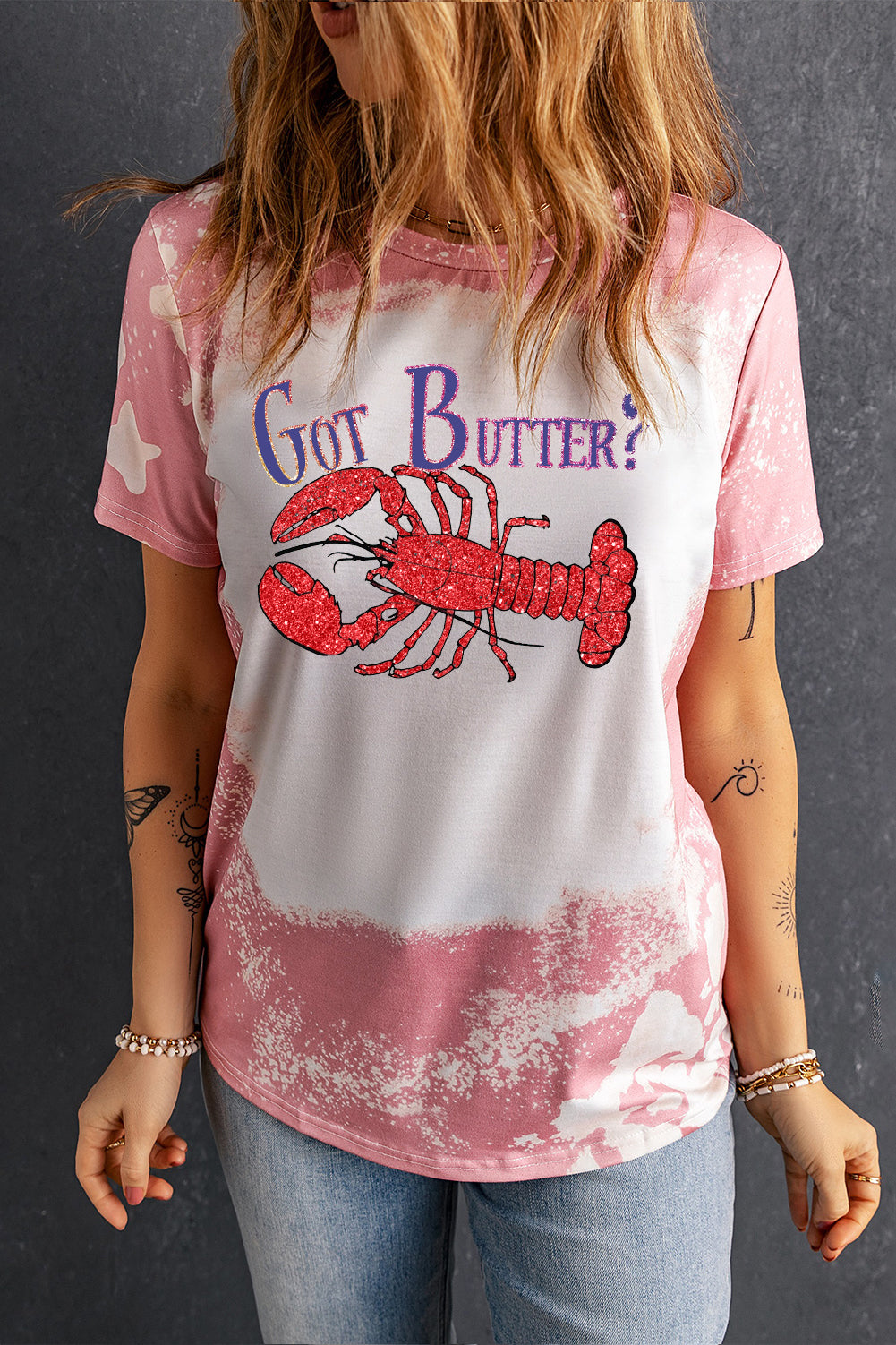 Pink Bleach Washed Tee with Got Butter Lobster Print