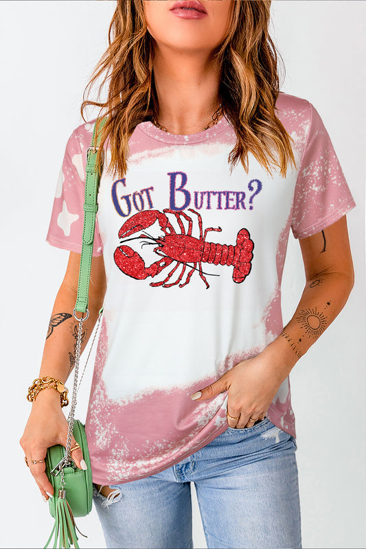 Pink Bleach Washed Tee with Got Butter Lobster Print