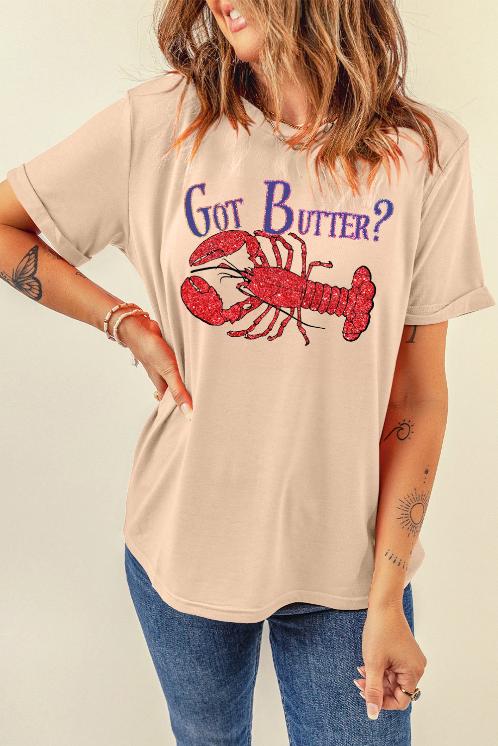 Short Sleeve Tee with Glitter Lobster Graphic