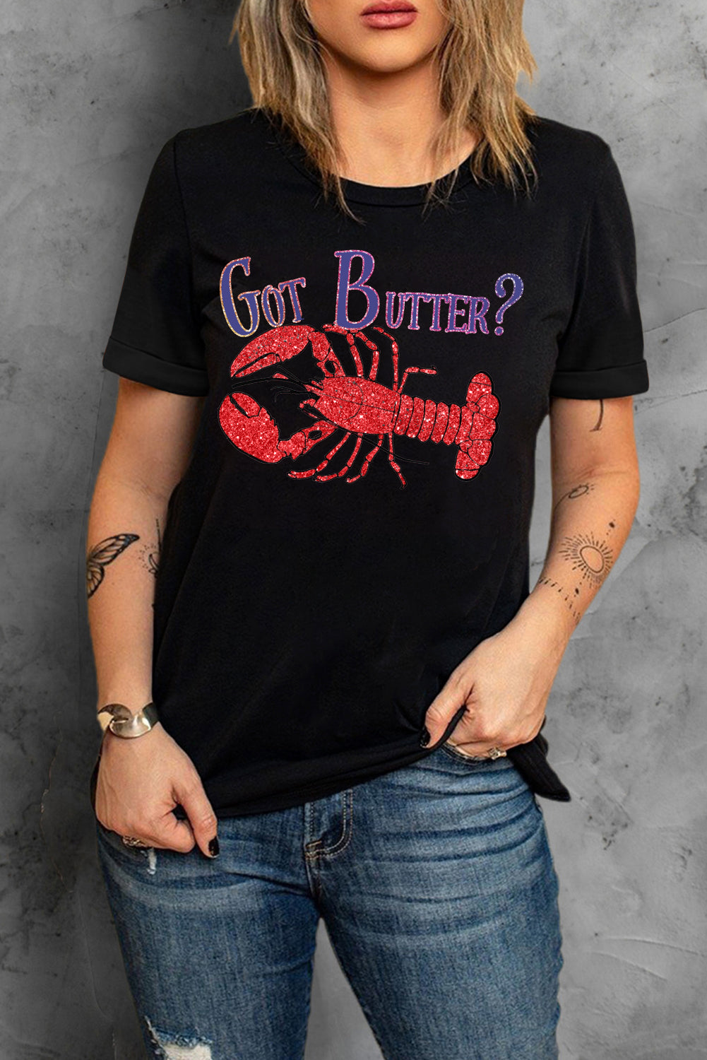 Short Sleeve Tee with Glitter Lobster Graphic