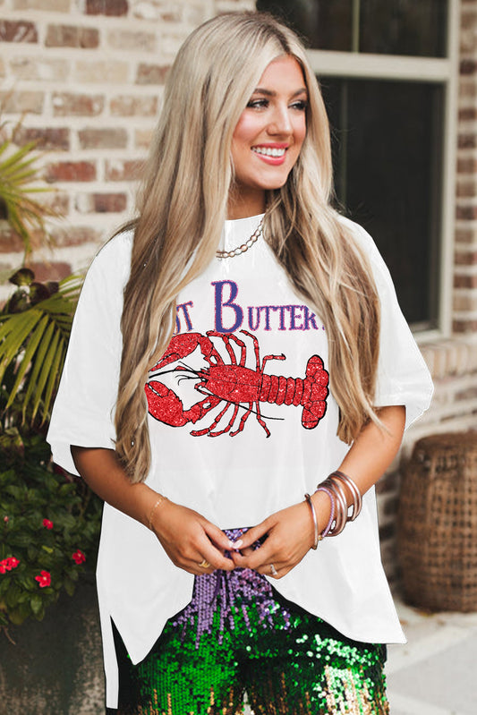 White Hi-Low Hem Tee with Glitter Lobster Graphic