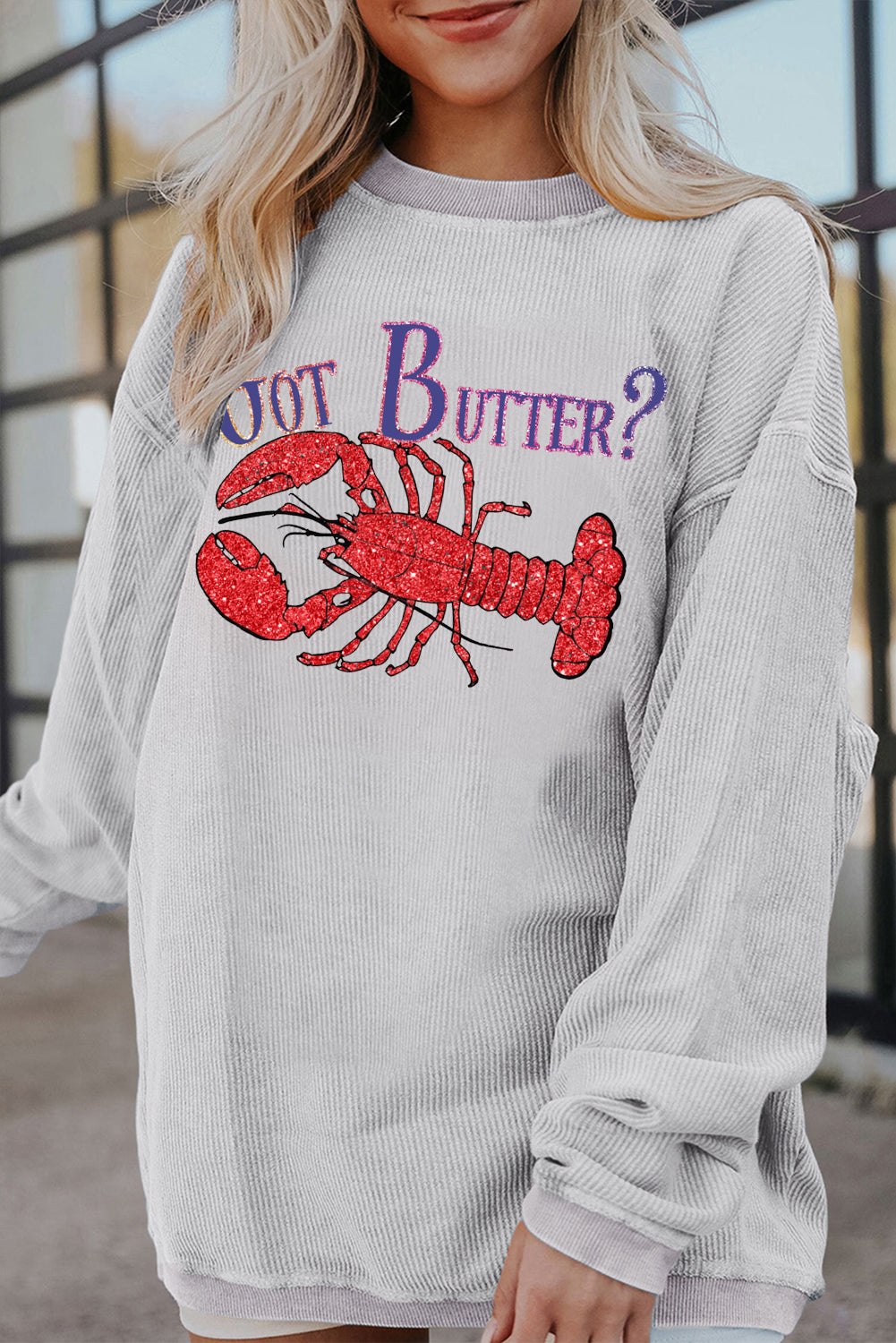 Drop Shoulder Corduroy Sweatshirt with Lobster Print