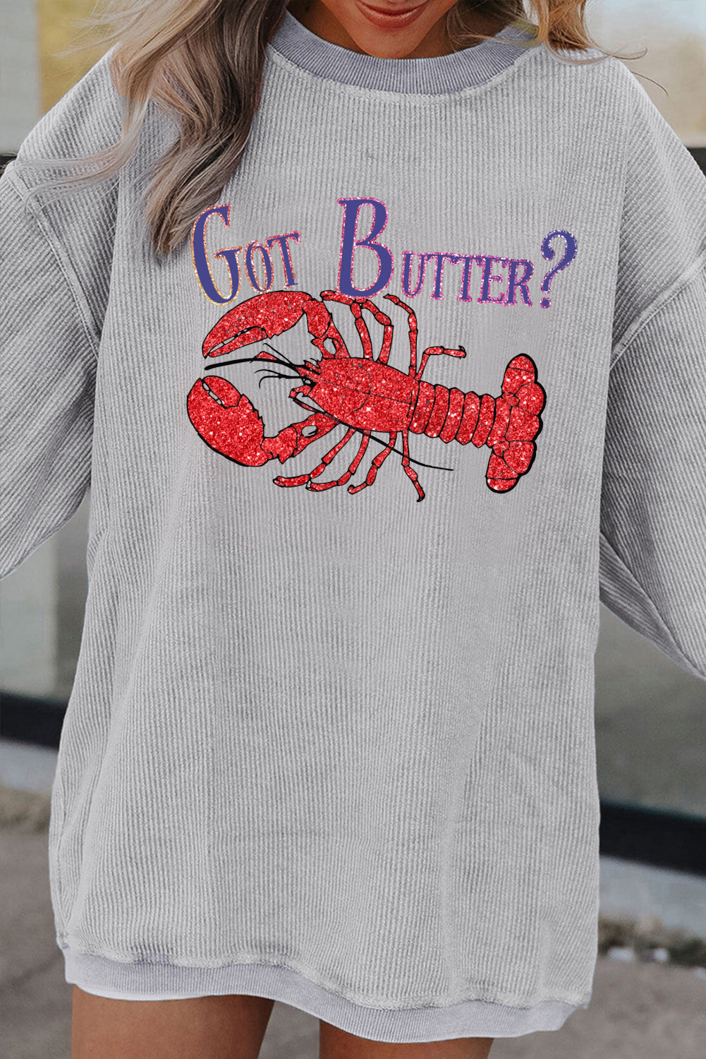Drop Shoulder Corduroy Sweatshirt with Lobster Print
