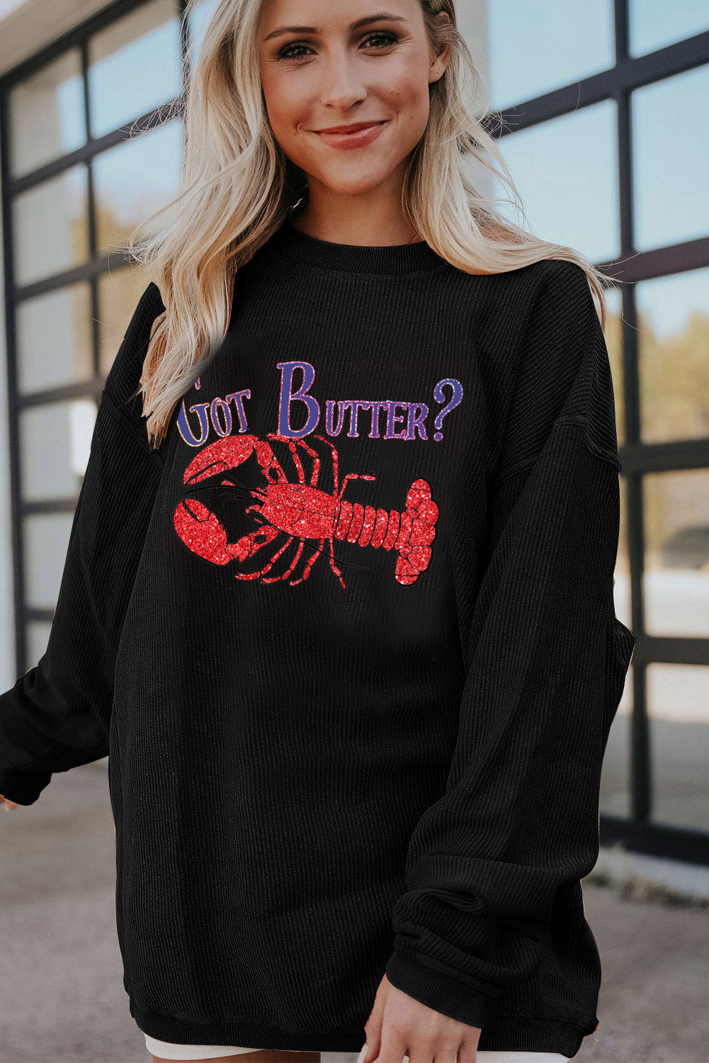 Drop Shoulder Corduroy Sweatshirt with Lobster Print