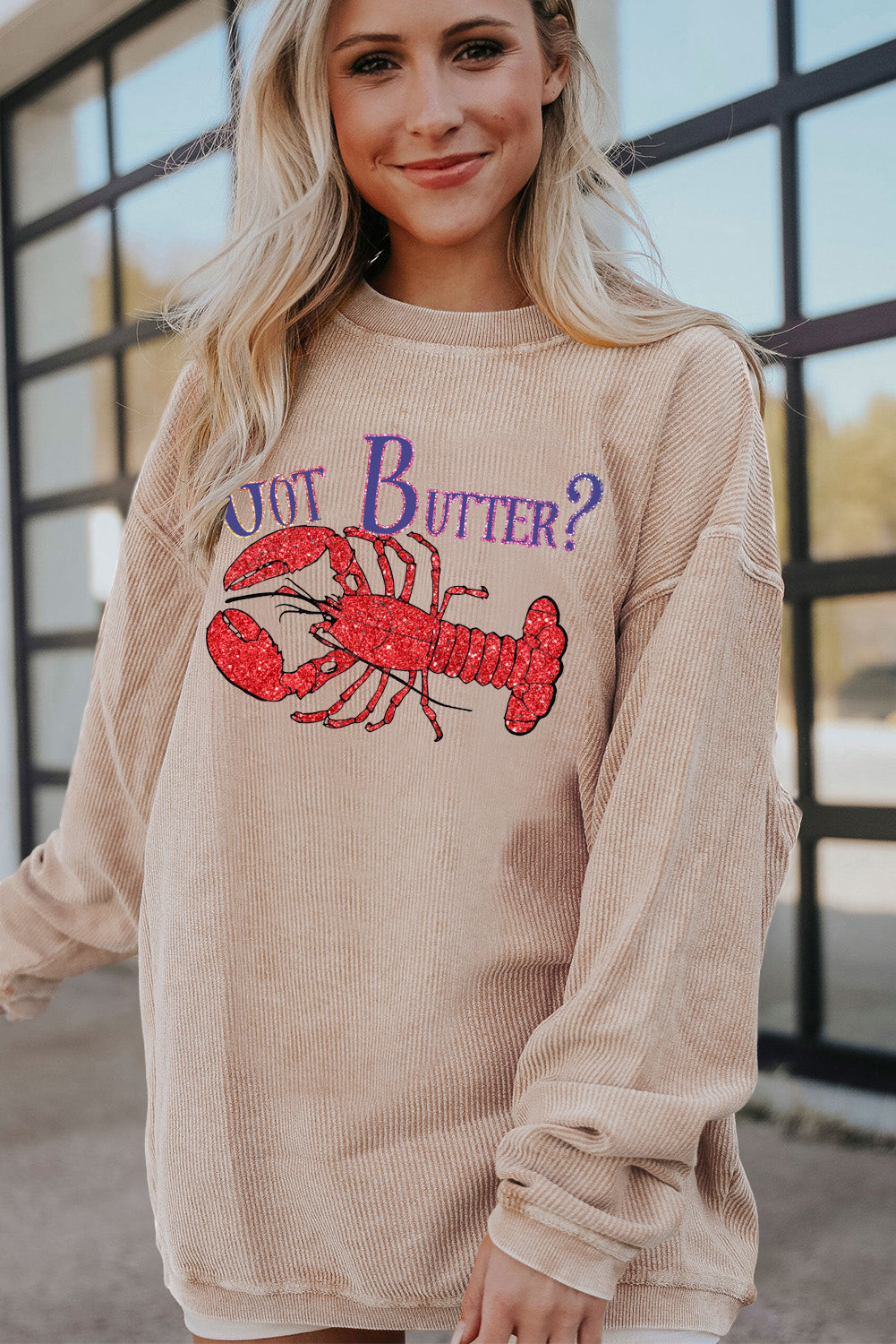 Drop Shoulder Corduroy Sweatshirt with Lobster Print