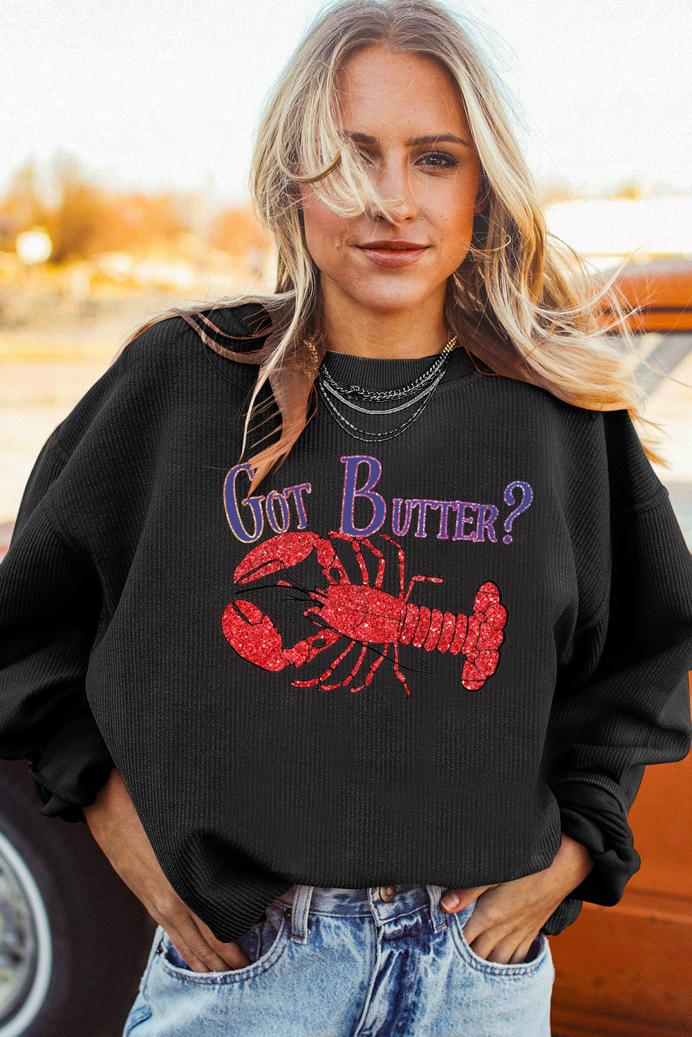 Drop Shoulder Corduroy Sweatshirt with Lobster Print