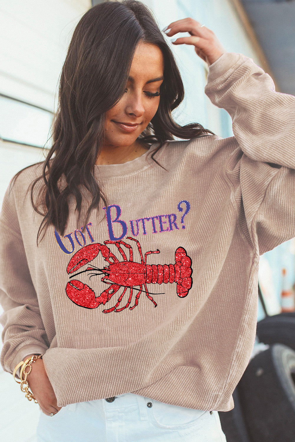 Drop Shoulder Corduroy Sweatshirt with Lobster Print