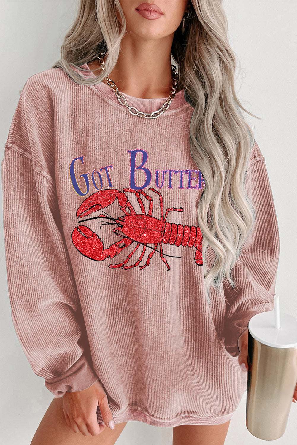 Casual Ribbed Corduroy Sweatshirt with Lobster Design