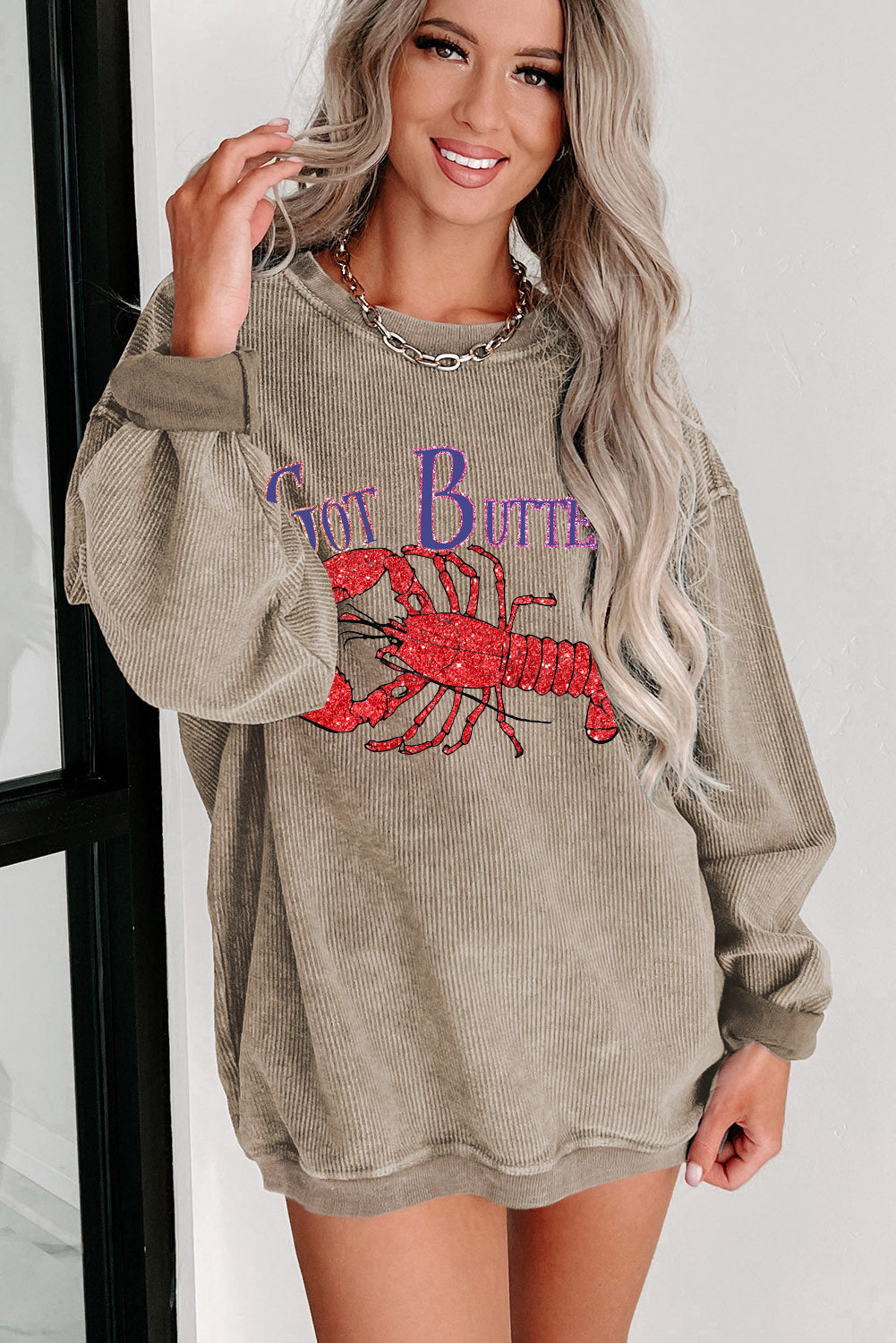 Casual Ribbed Corduroy Sweatshirt with Lobster Design