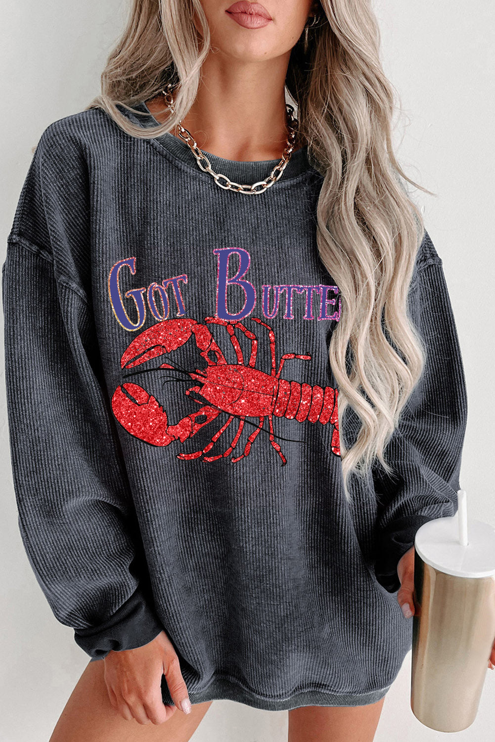 Casual Ribbed Corduroy Sweatshirt with Lobster Design
