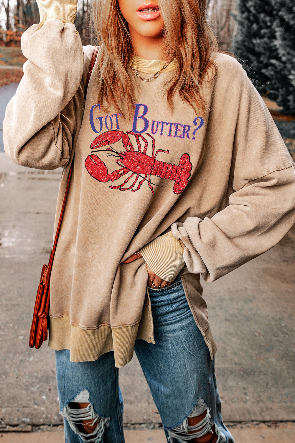 Oversized Lobster Graphic Sweatshirt with Ribbed Trim