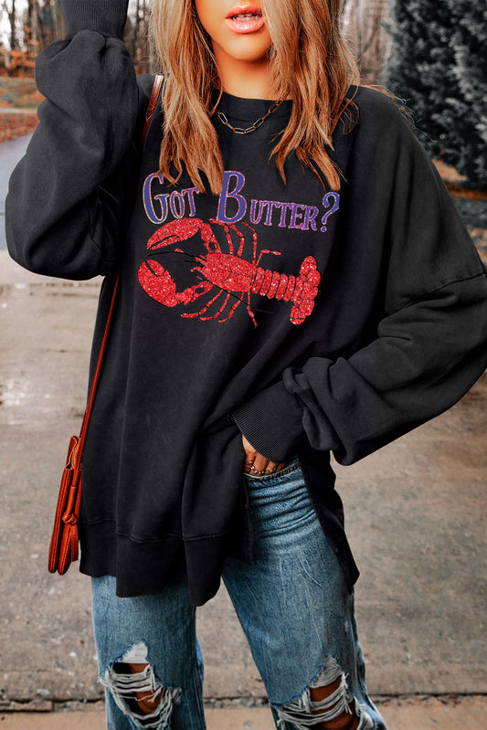 Oversized Lobster Graphic Sweatshirt with Ribbed Trim
