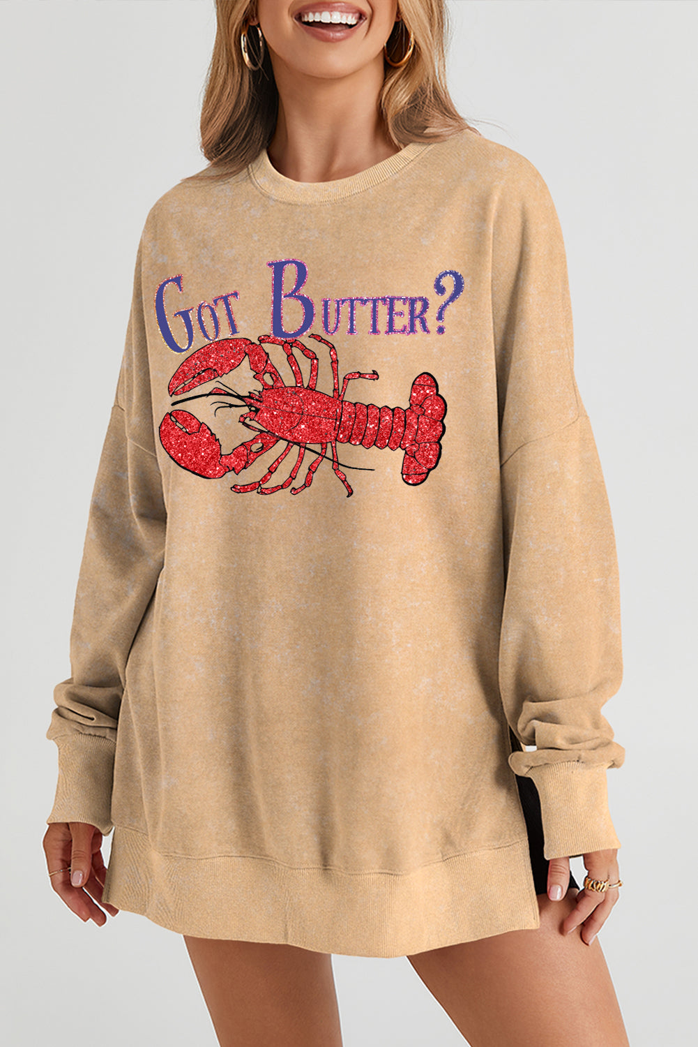 Oversized Lobster Graphic Sweatshirt with Ribbed Trim
