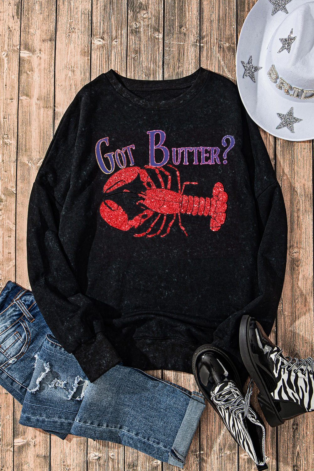 Oversized Lobster Graphic Sweatshirt with Ribbed Trim