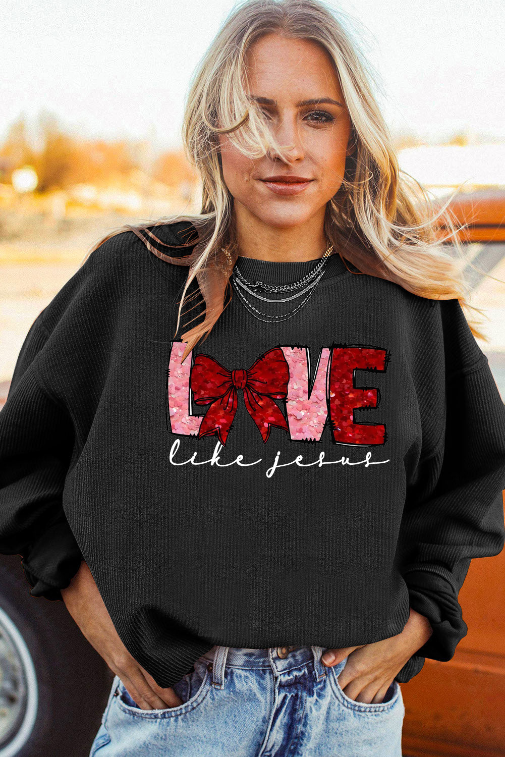 Valentine's Day LOVE Bow Oversized Ribbed Corduroy Sweatshirt