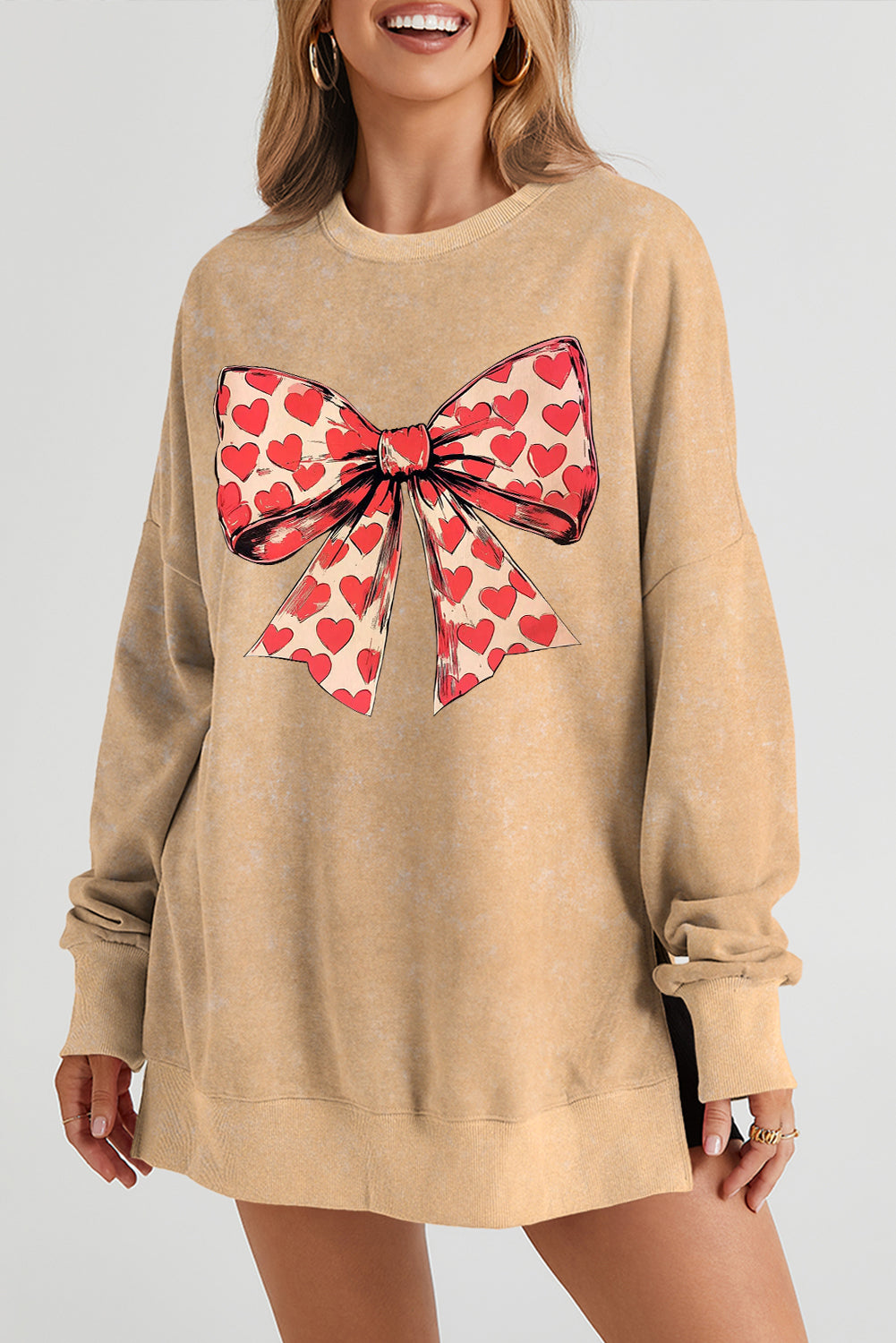 Romantic Valentine’s Day Heart Bow Oversized Ribbed Sweatshirt