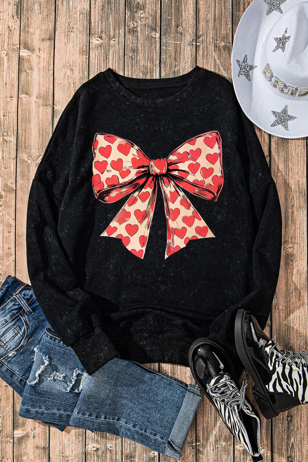 Romantic Valentine’s Day Heart Bow Oversized Ribbed Sweatshirt