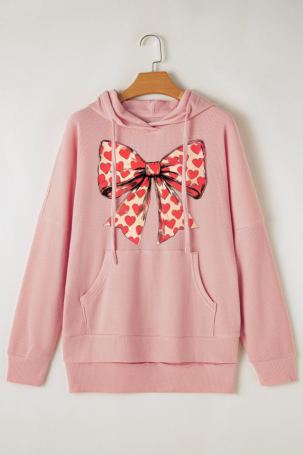 Valentine's Day Heart Bow Waffle Knit Fleece Lined Hoodie