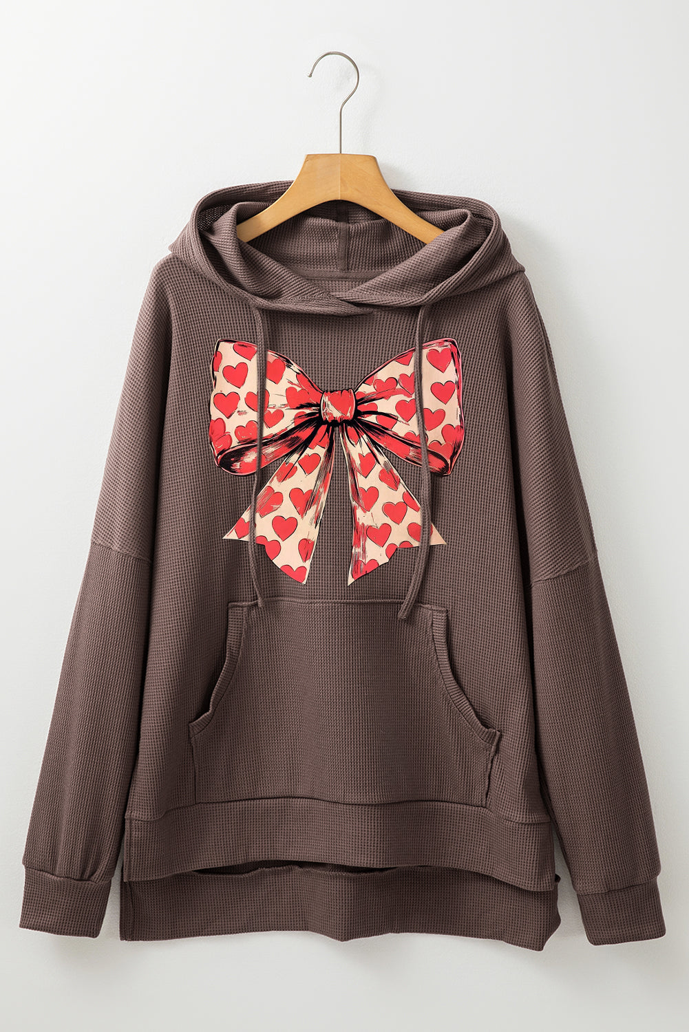 Valentine's Day Heart Bow Waffle Knit Fleece Lined Hoodie