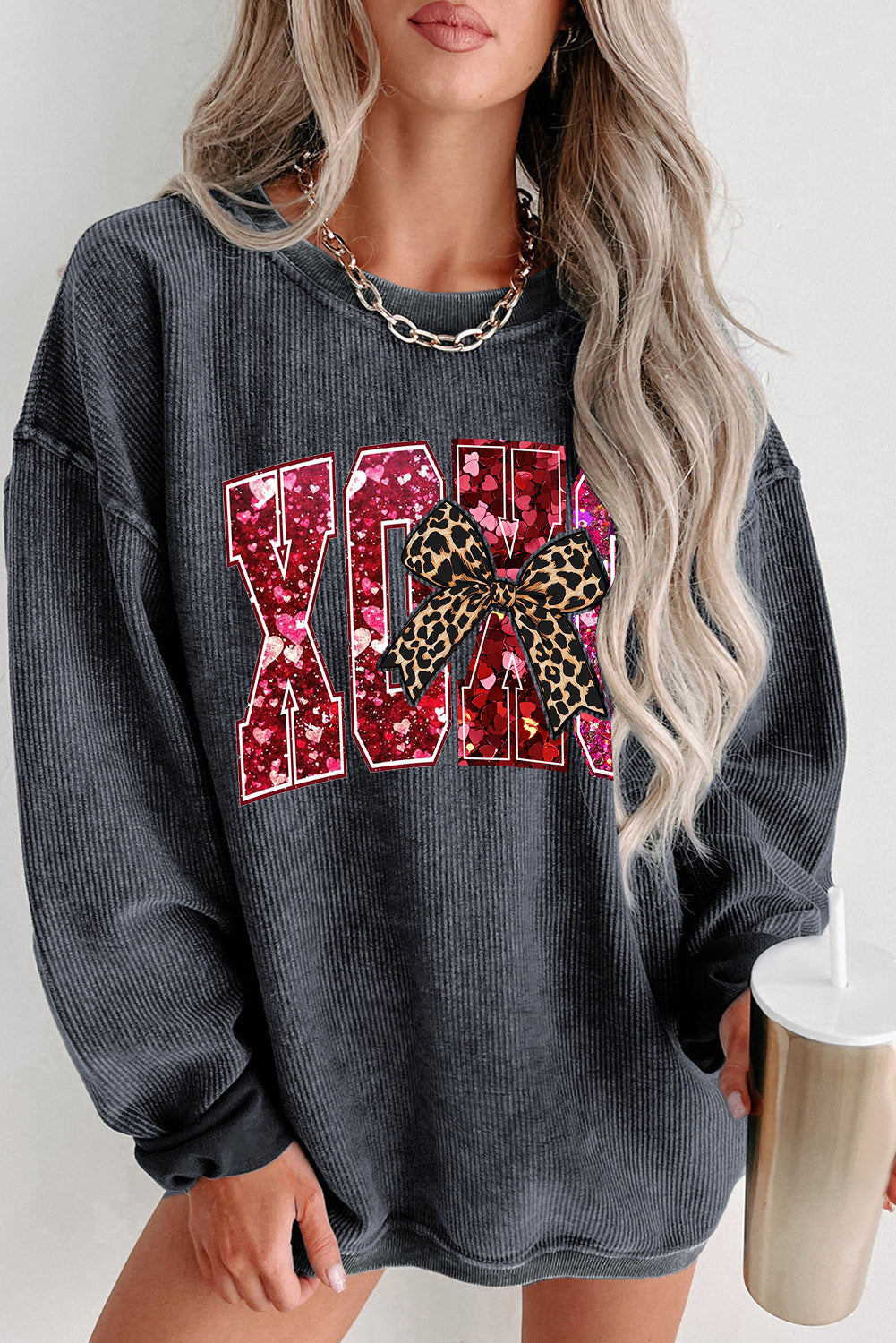 Valentine's Day XOXO Date Night Crew Neck Knit Sweatshirt