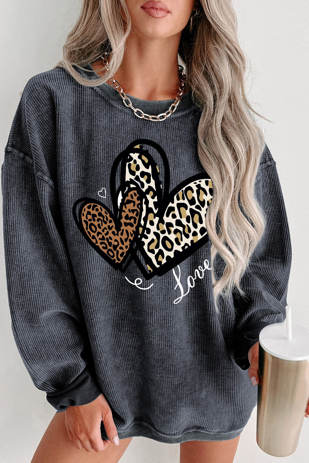 Date Night Heart Leopard Print Date Night Crew Neck Knit Sweatshirt