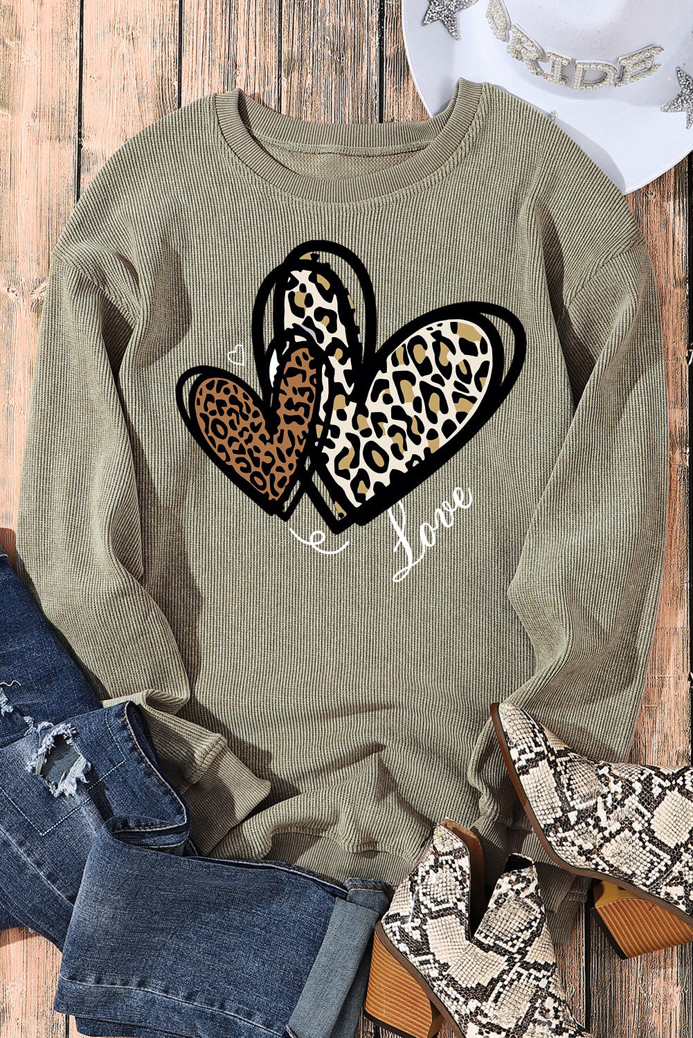Date Night Heart Leopard Print Date Night Crew Neck Knit Sweatshirt