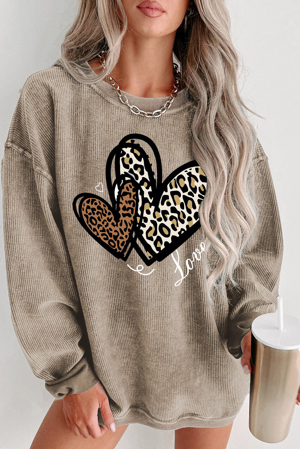 Date Night Heart Leopard Print Date Night Crew Neck Knit Sweatshirt