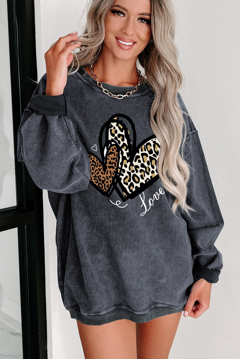 Date Night Heart Leopard Print Date Night Crew Neck Knit Sweatshirt