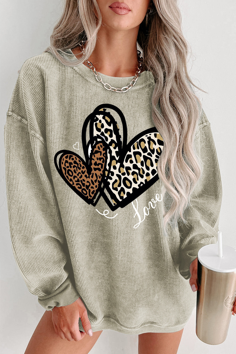 Date Night Heart Leopard Print Date Night Crew Neck Knit Sweatshirt