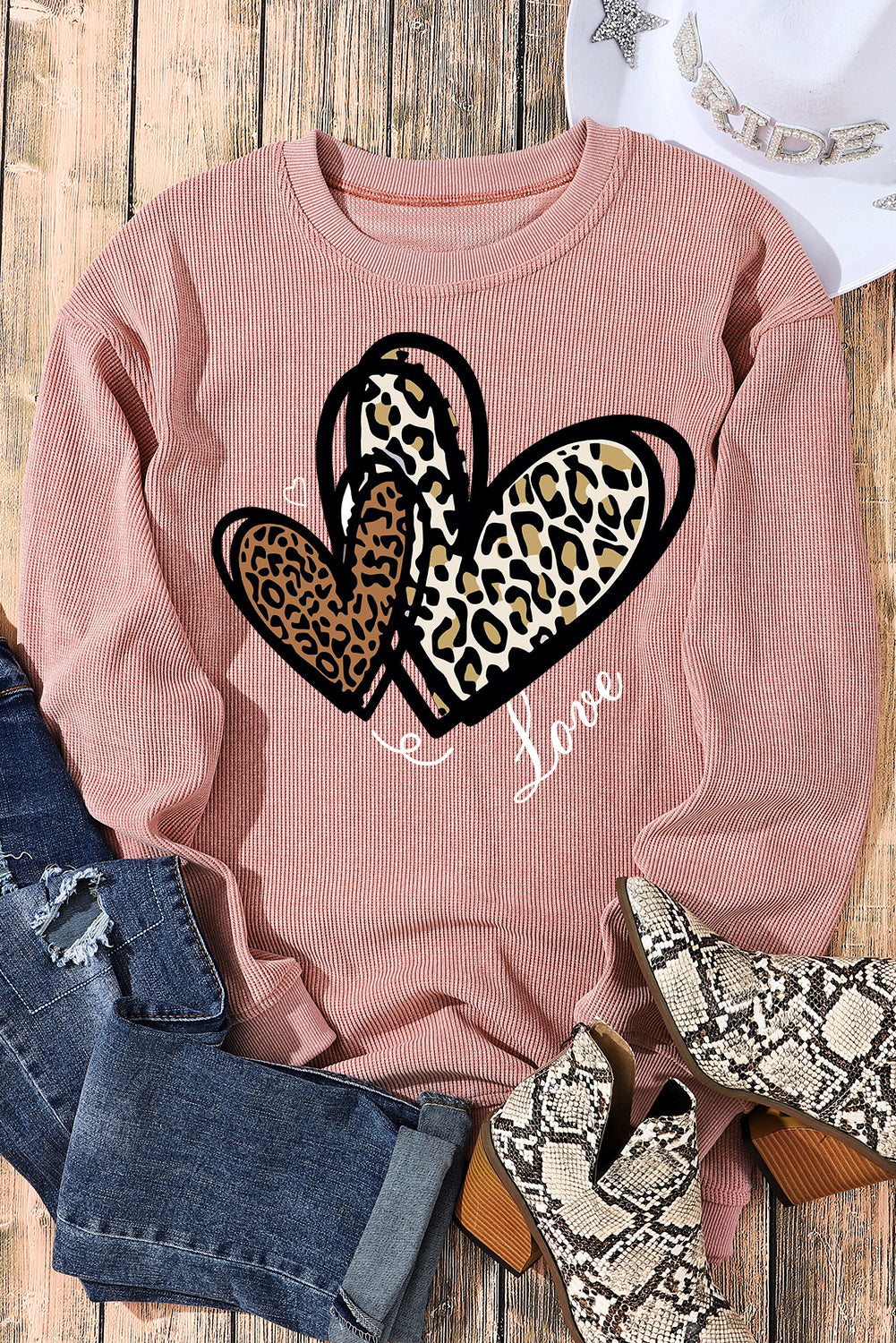Date Night Heart Leopard Print Date Night Crew Neck Knit Sweatshirt