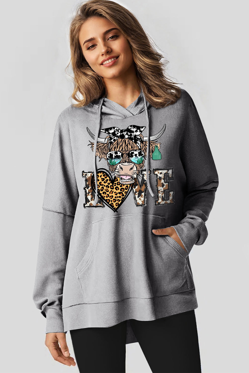 Valentine's Day Bull Leopard Heart Waffle Knit Fleece Lined Hoodie