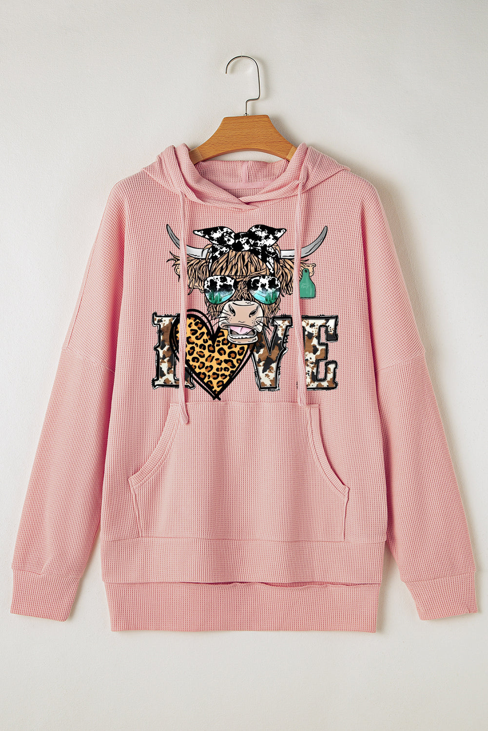Valentine's Day Bull Leopard Heart Waffle Knit Fleece Lined Hoodie