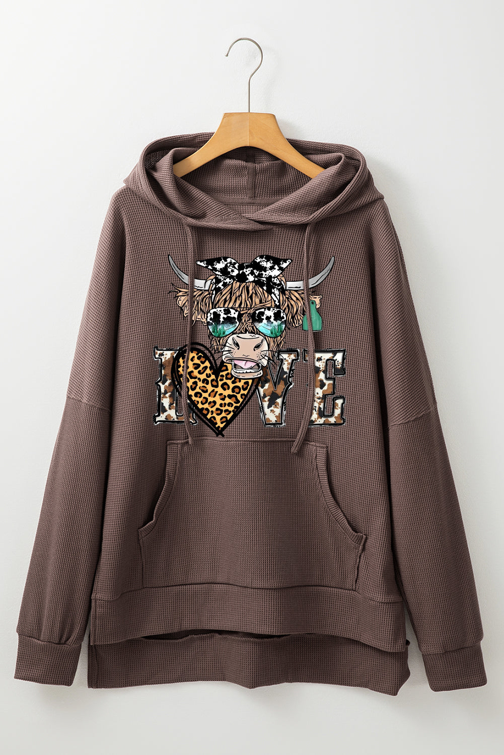 Valentine's Day Bull Leopard Heart Waffle Knit Fleece Lined Hoodie
