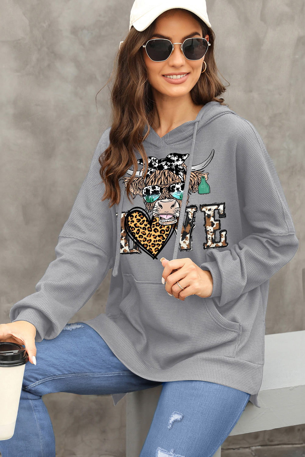 Valentine's Day Bull Leopard Heart Waffle Knit Fleece Lined Hoodie