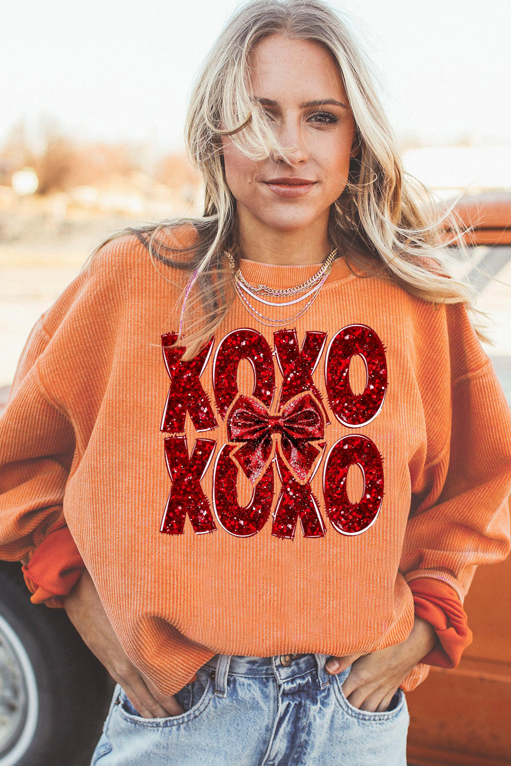 XOXO Bow Patchwork Ribbed Corduroy Oversized Sweatshirt