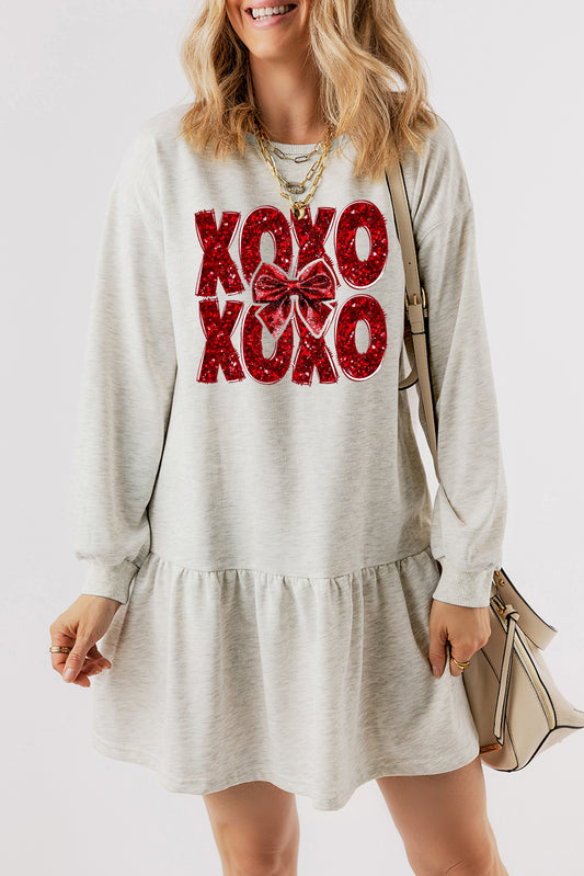 Adorable XOXO Bow Pattern Ruffle Hem Mini Dress