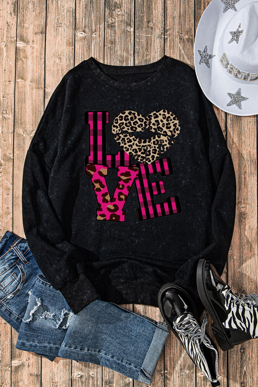 Leopard Print Patchwork Heart Lettering Drop Shoulder Ribbed Sweatshirt