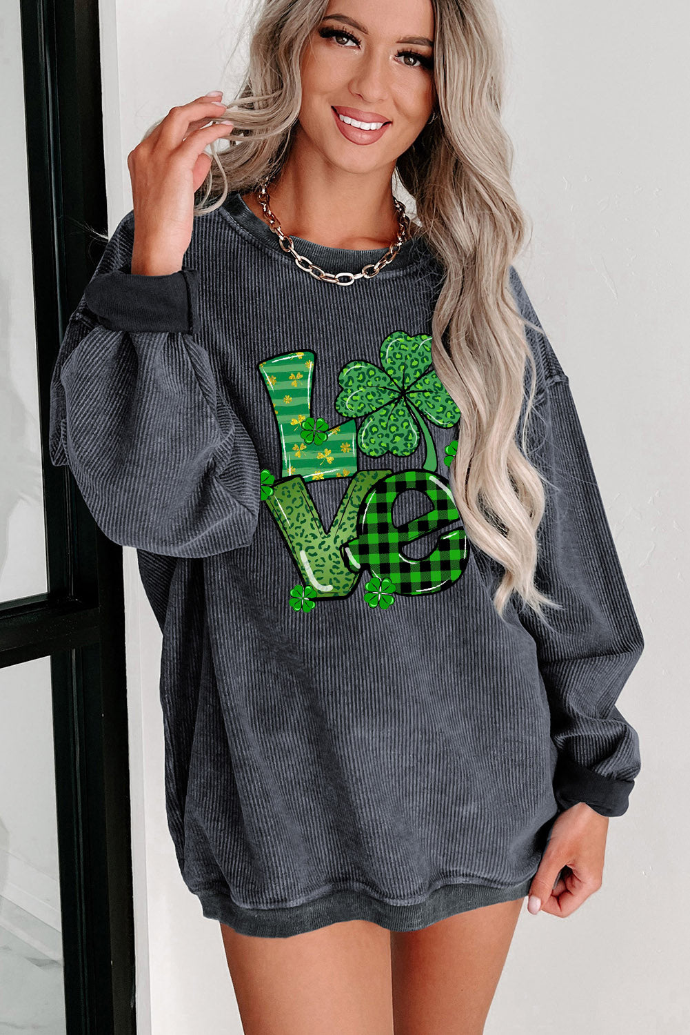 St. Patrick's Day Four-Leaf Clover Graphic Crew Neck Knit Sweatshirt