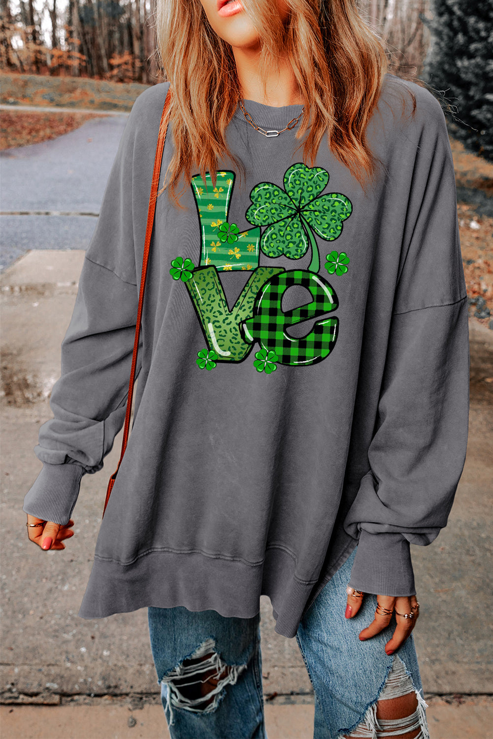 Four-Leaf Clover Oversized Ribbed Sweatshirt for St. Patrick's Day