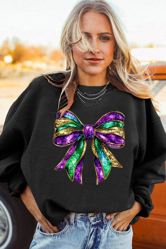 Mardi Gras Bow Graphic Oversized Corduroy Sweatshirt
